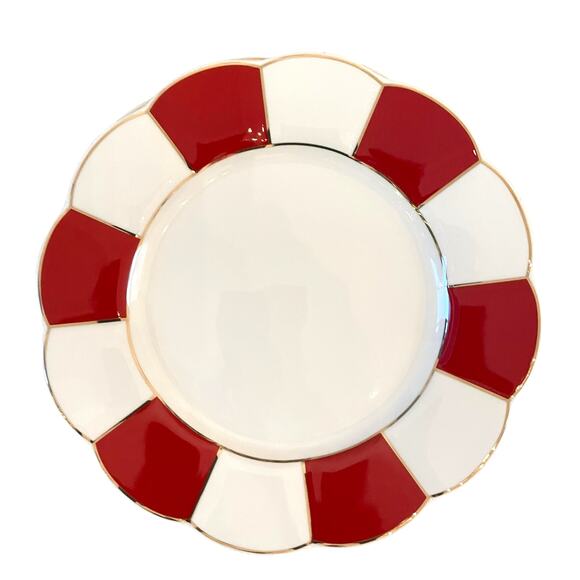 Grace Teaware Porcelain Salad Plate 8in Red & White Stripe Gold Trim Set 4 New - Picture 2 of 16
